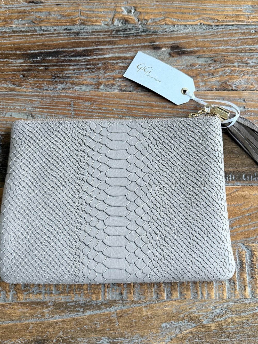 GiGi New York Light Taupe Snake-Embossed Leather Clutch with Tassel - Picture 3 of 15
